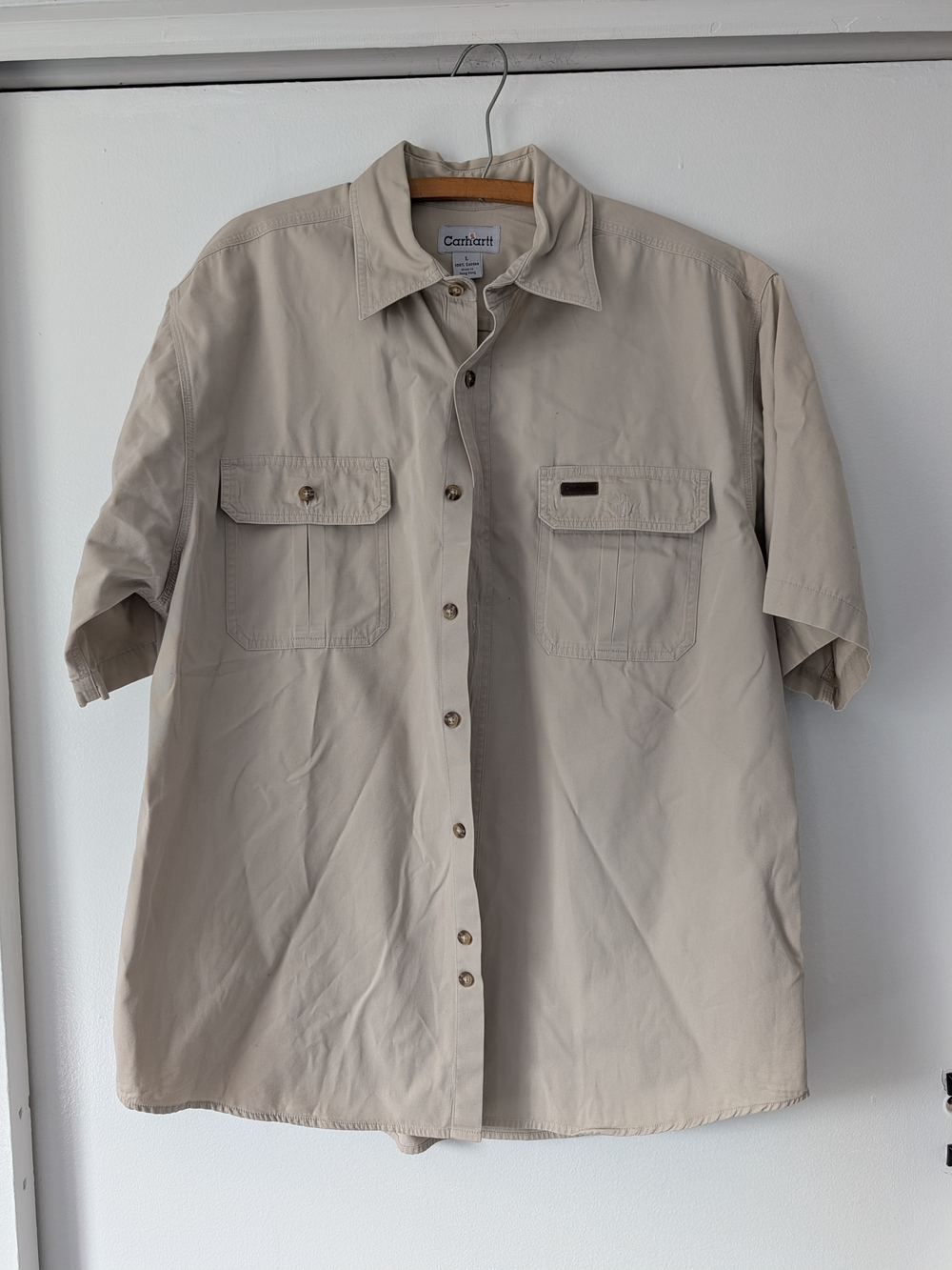 Carhartt Men’s L Beige Khaki Short Sleeve Utility Work Shirt 100% Cotton